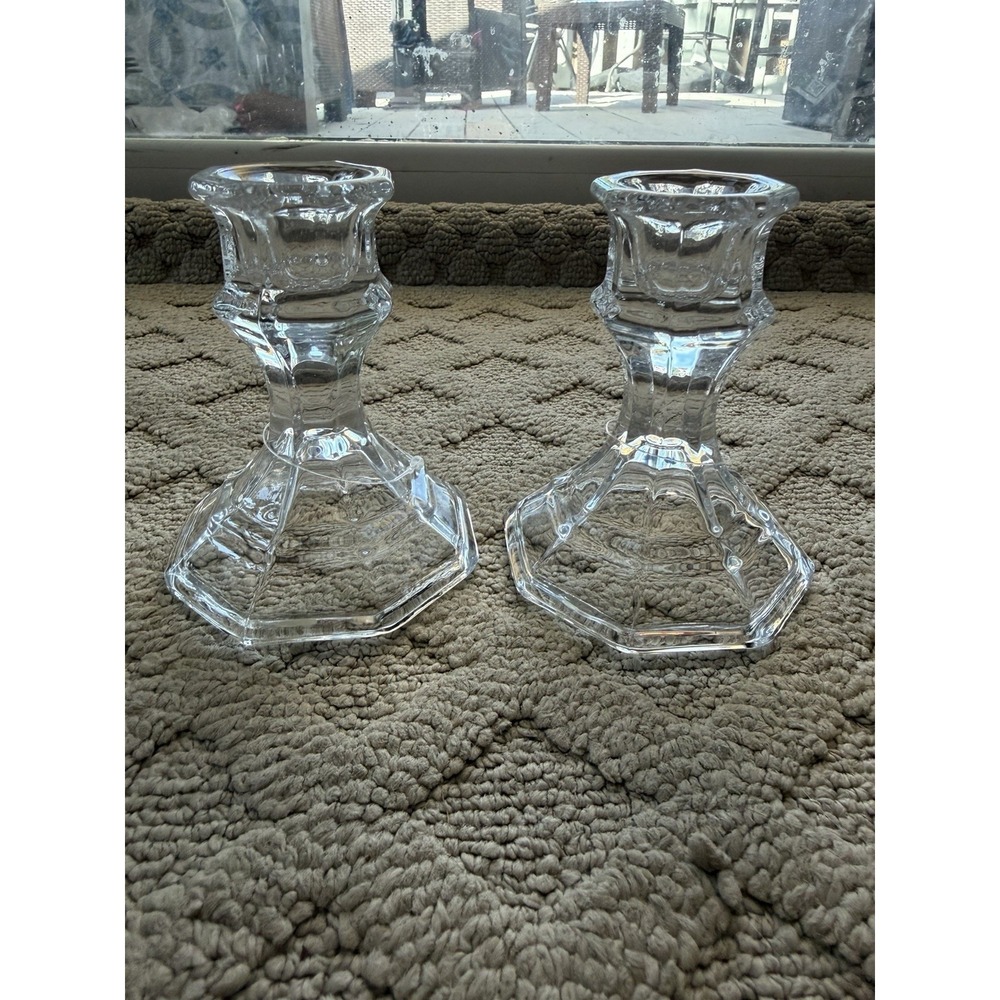 Luminessence Candle Holders 4" Clear Glass Taper Octagonal 8 Sides Lot Of 2